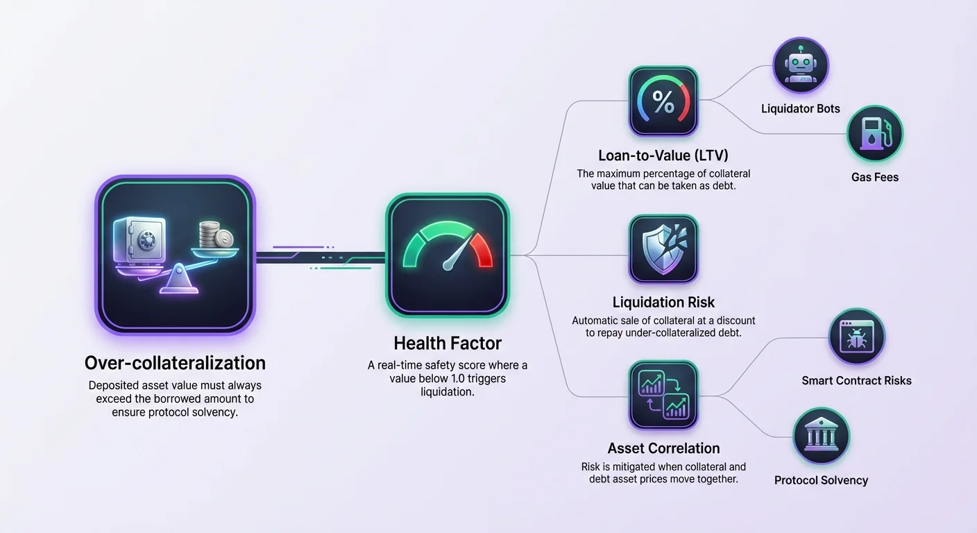 Detailed infographic depicting DeFi collateralization mechanics in a hub-and-spoke design, linking core concepts to supporting details and risks.