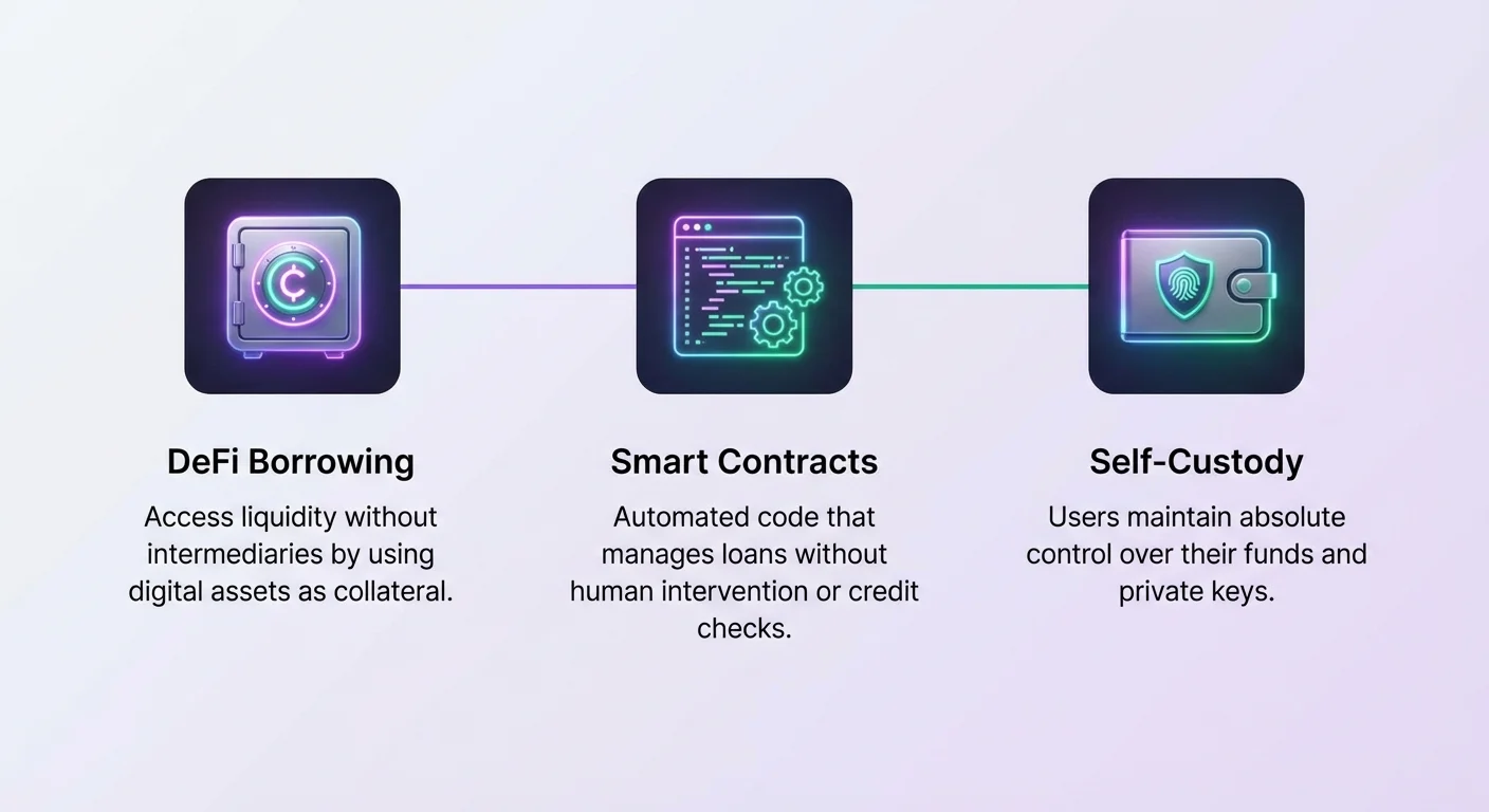 High-level infographic overview of DeFi collateralization core concepts in a clean linear layout with prominent icons.