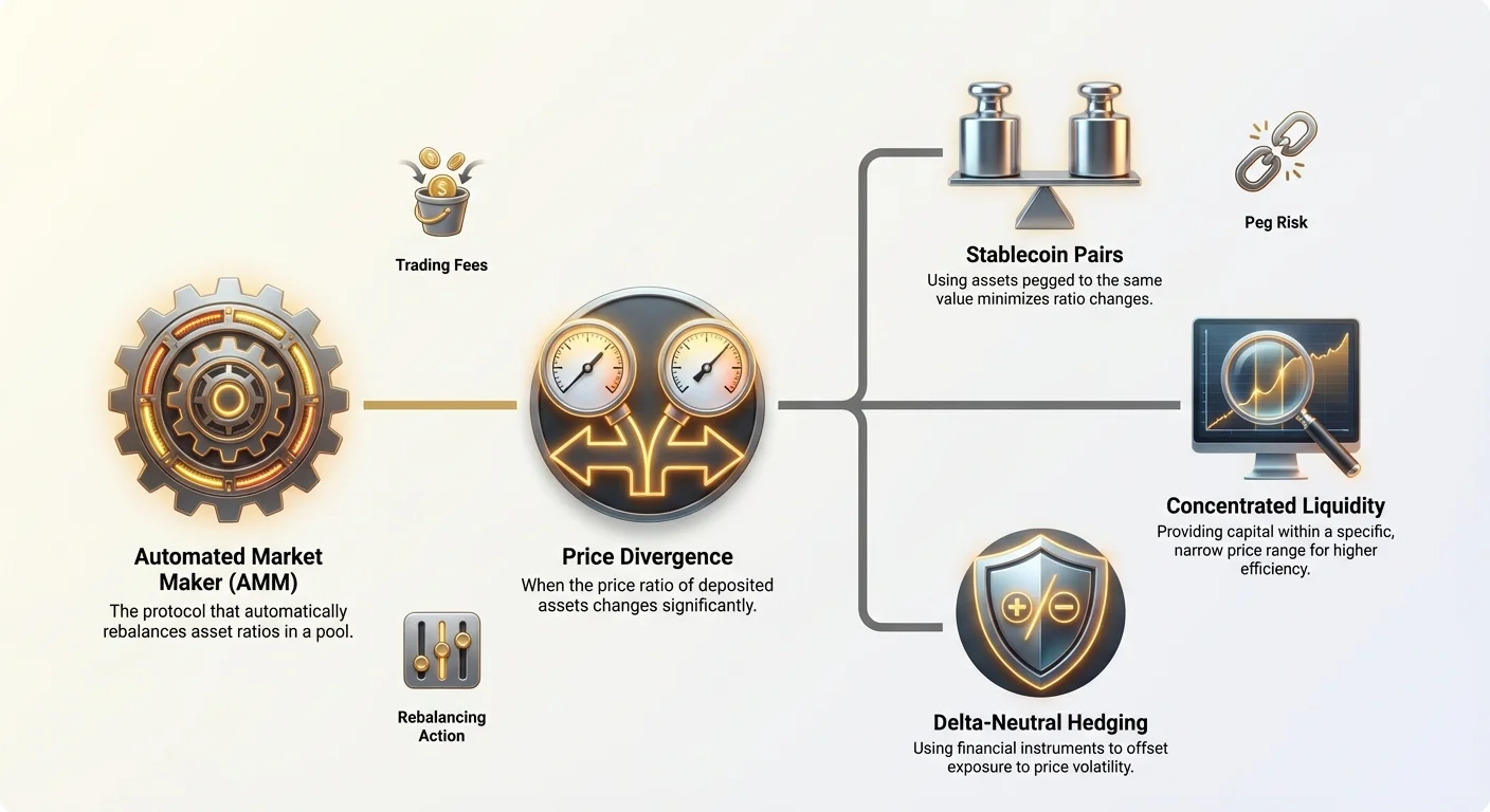 Detailed infographic showing AMM and price divergence as impermanent loss causes, with mitigation strategies: stablecoin pairs, concentrated liquidity, and delta-neutral hedging.