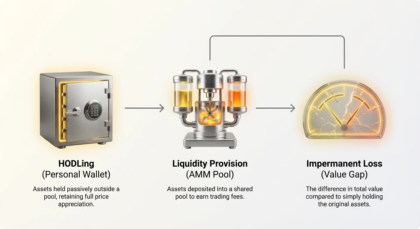 Infographic comparing HODLing assets in a personal wallet versus providing liquidity in an AMM pool, highlighting impermanent loss as the value gap between strategies.