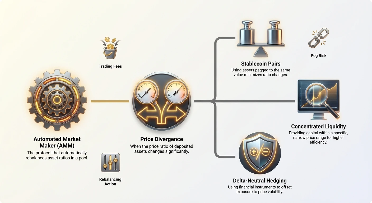 Detailed infographic showing AMM and price divergence as impermanent loss causes, with mitigation strategies: stablecoin pairs, concentrated liquidity, and delta-neutral hedging.