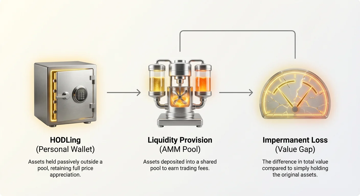 Infographic comparing HODLing assets in a personal wallet versus providing liquidity in an AMM pool, highlighting impermanent loss as the value gap between strategies.