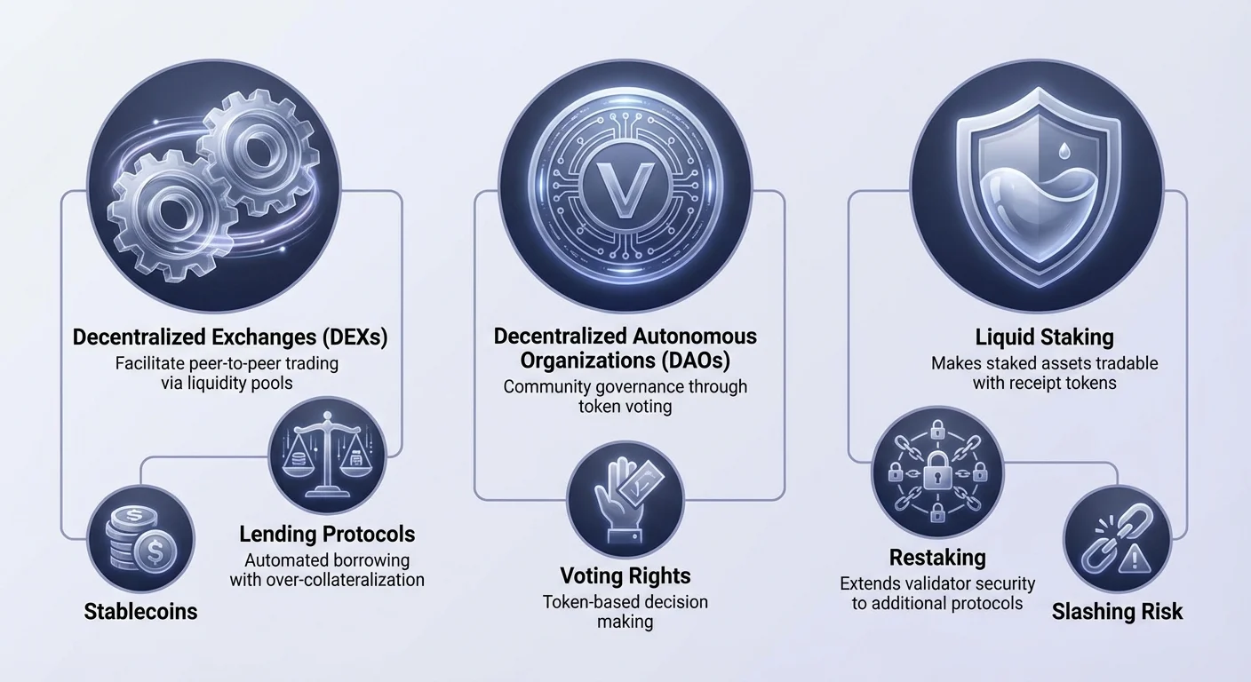 Detailed infographic illustrating the decentralized stack ecosystem with clusters for Financial Primitives (DeFi), Governance (DAOs), and Advanced Security.
