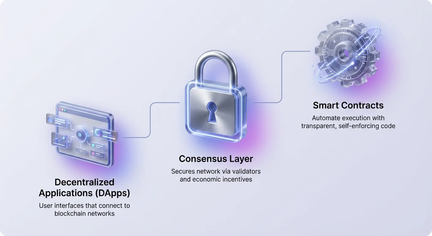 Simple overview infographic of decentralized stack core components: Consensus Layer, Smart Contracts, and Decentralized Applications (DApps).