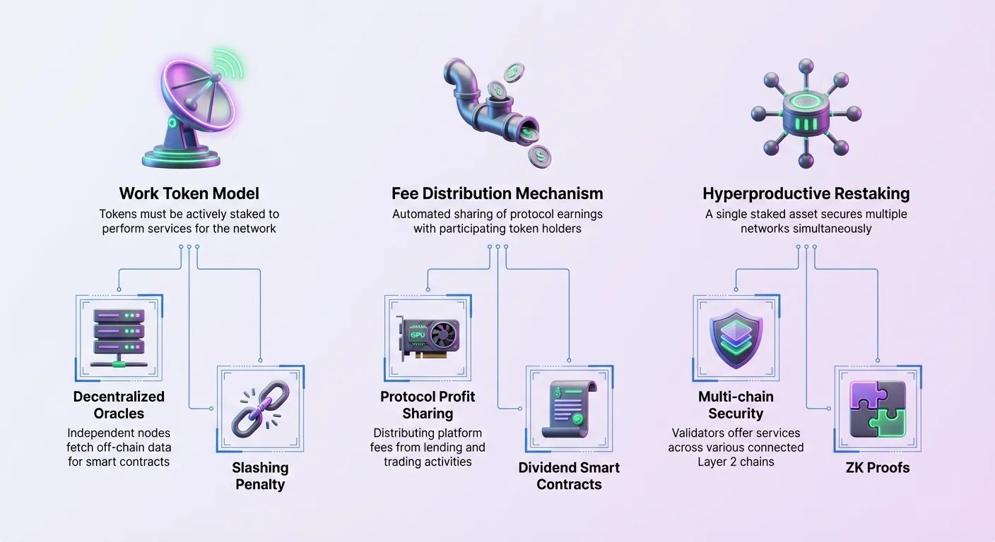 Detailed infographic exploring Work Token, Fee Distribution, and Restaking models in utility token economics, with clustered hierarchical nodes illustrating component relationships and mechanisms.