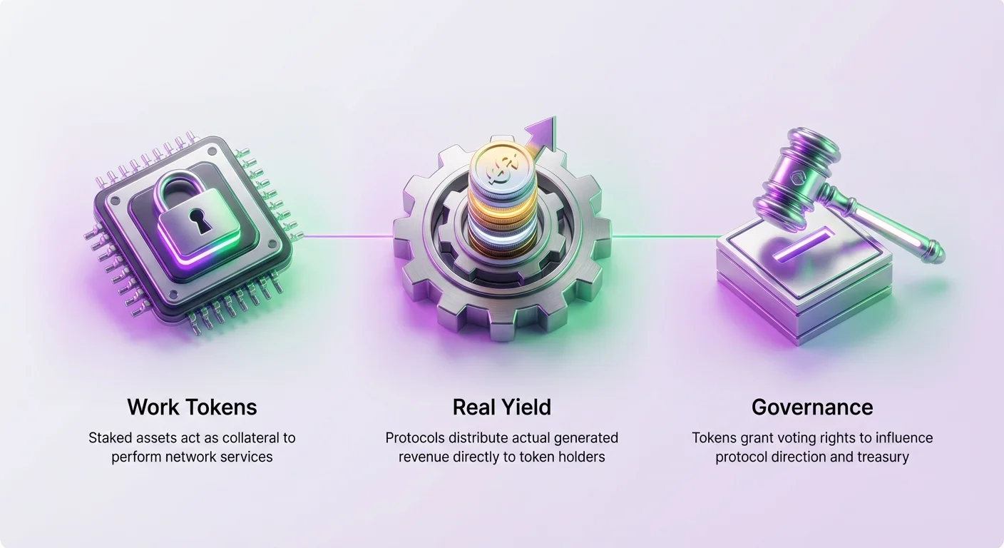 Infographic overview of utility token economics, highlighting Work Tokens, Real Yield, and Governance models with large photorealistic icons and concise text in a clean layout.