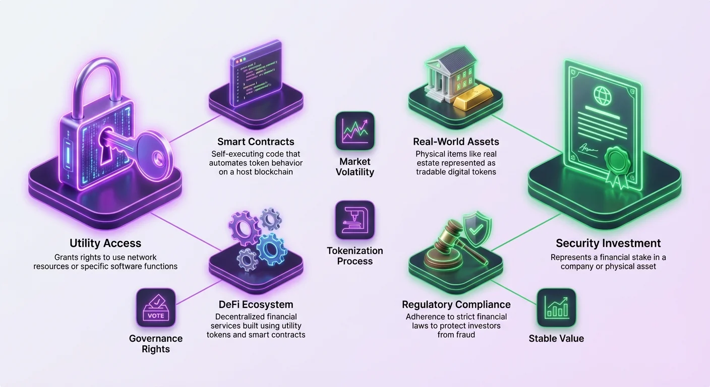 Detailed infographic contrasting utility and security tokens' key features, functions, and regulatory implications using a cluster layout.