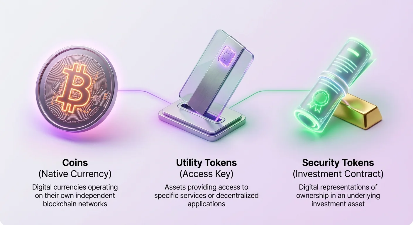 Infographic providing high-level distinction between coins, utility tokens, and security tokens using distinct visual metaphors for each category.
