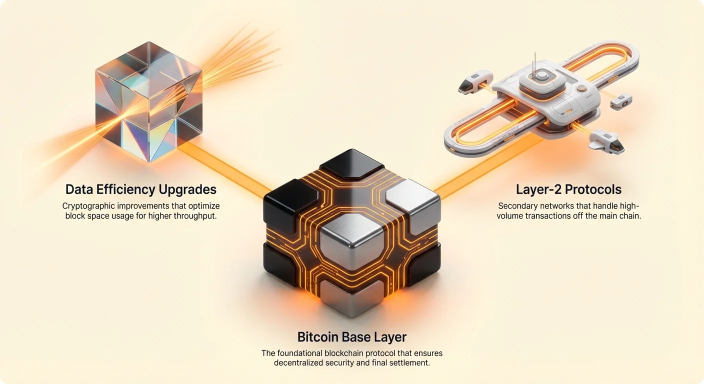 High-level infographic summarizing Utreexo state compression core concepts: foundational layer, efficiency improvements, and secondary protocols for Bitcoin scaling.