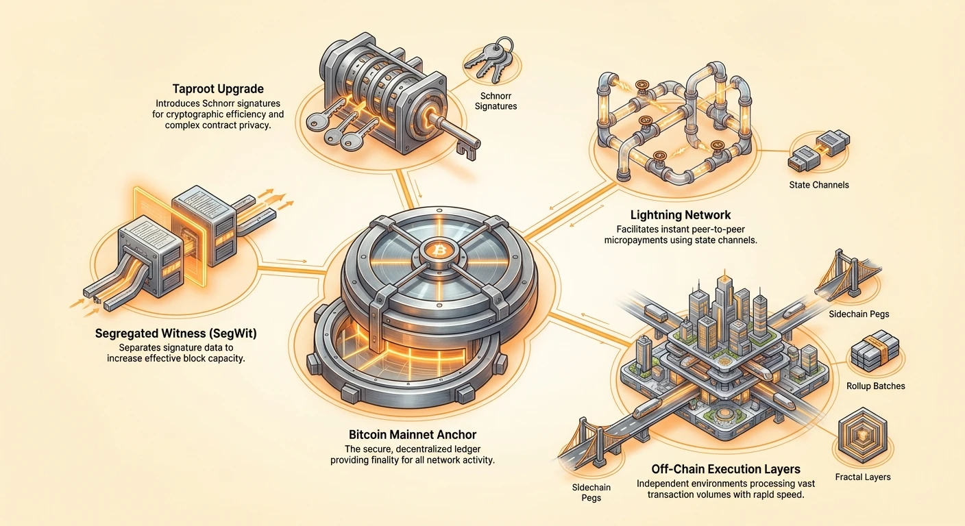 Detailed hub-and-spoke infographic illustrating Utreexo upgrades and off-chain solutions connecting to the main Bitcoin network for efficient scaling.
