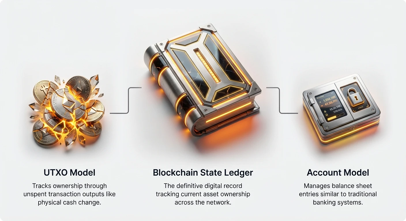 Diagram of central Blockchain State Ledger connecting to UTXO Model, tracking unspent outputs like cash, and Account Model, managing balances like bank accounts.