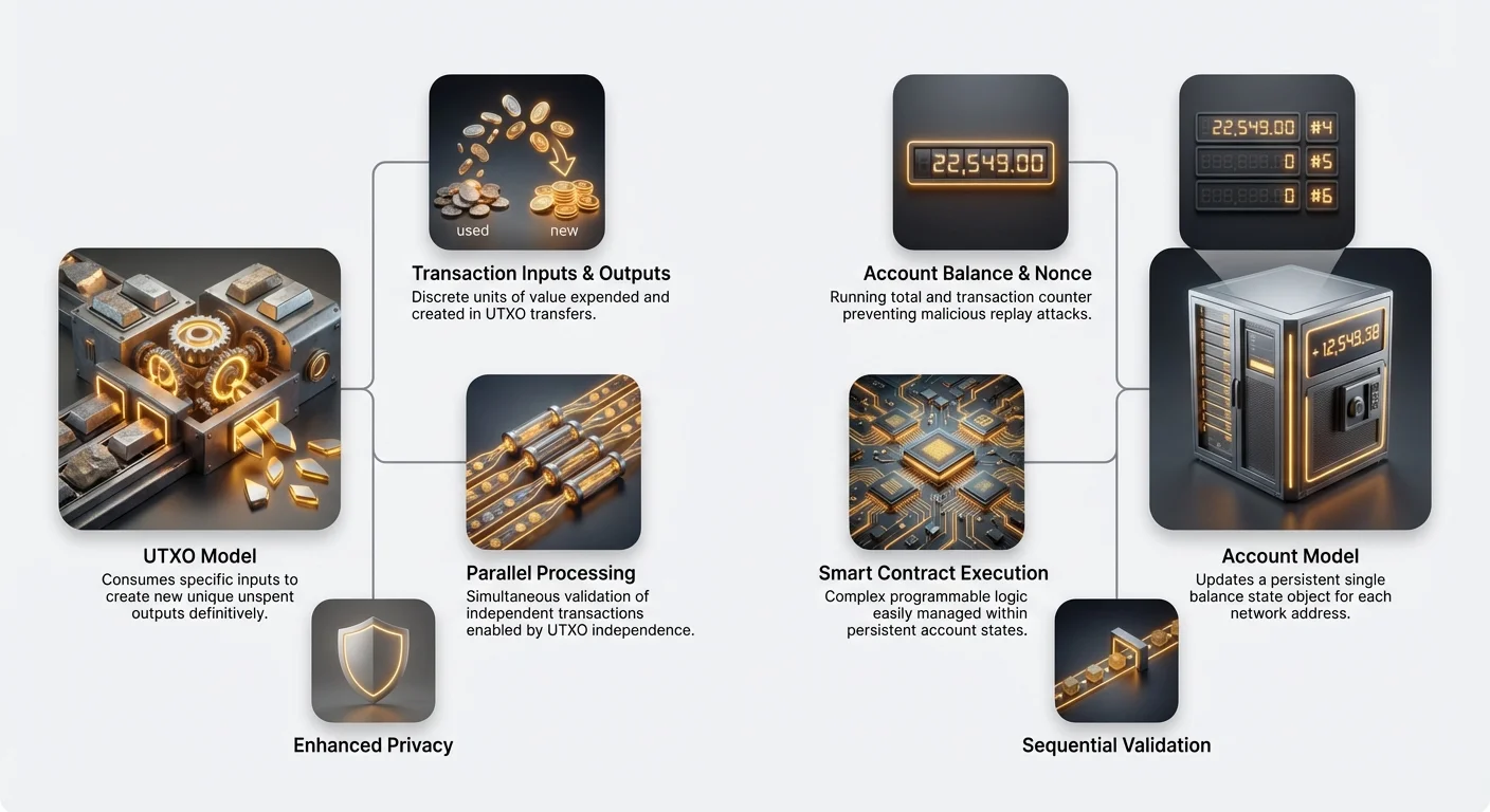 Infographic comparing UTXO model with transaction inputs/outputs, parallel processing, enhanced privacy versus Account model with balance/nonce, smart contracts, sequential validation.