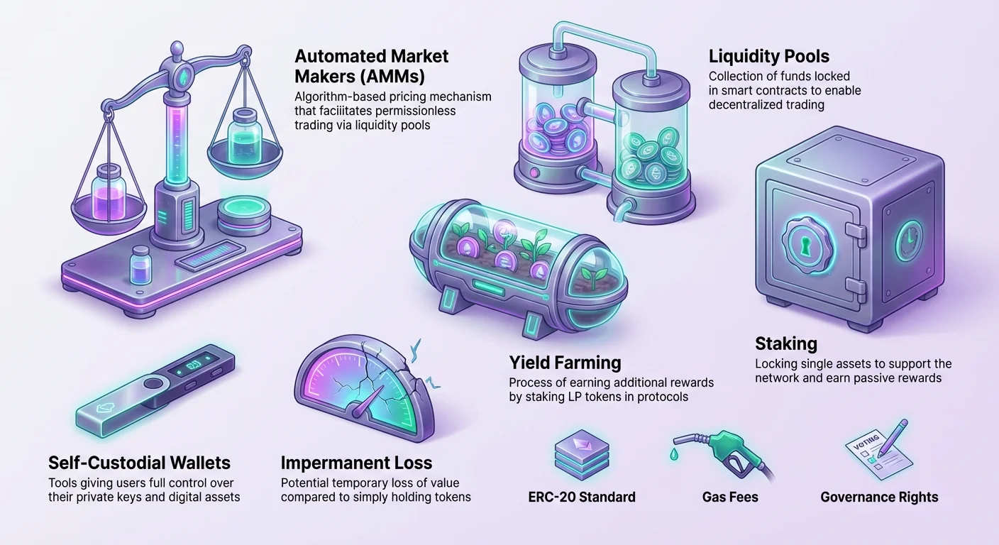 Detailed infographic on Verse token utility in DeFi, clustering Automated Market Makers, liquidity pools, staking, yield farming, self-custodial wallets, impermanent loss, ERC-20, gas fees, and governance rights.