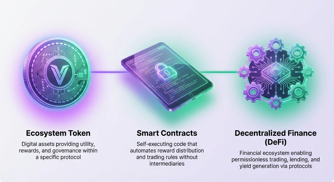 Overview infographic of Verse token ecosystem pillars: token utility and rewards, smart contracts for automation, and broader DeFi landscape.