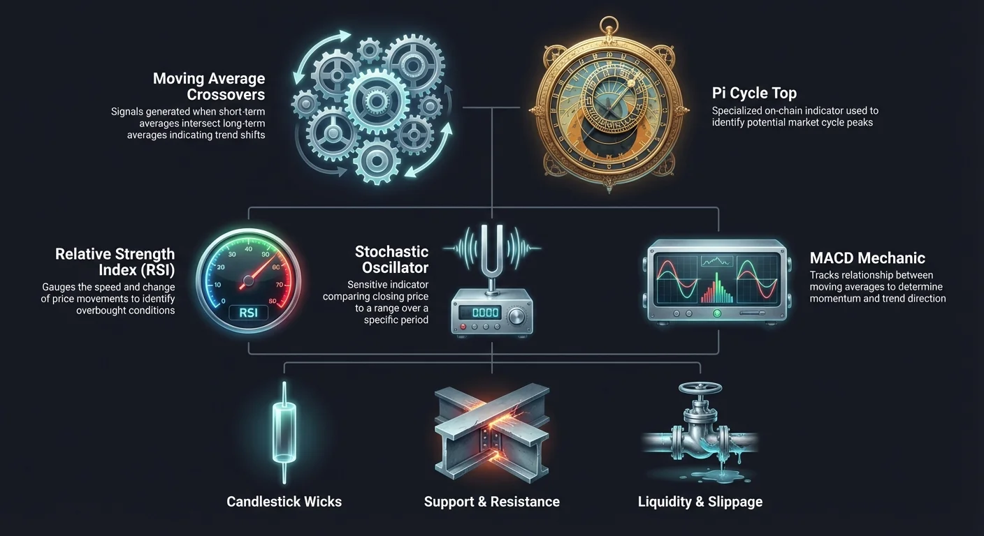 Detailed infographic of technical analysis toolkit: top trend indicators like moving average crossovers and Pi Cycle Top, middle momentum oscillators including RSI, Stochastic, MACD, bottom price structure with candlestick wicks, support, resistance, liquidity.