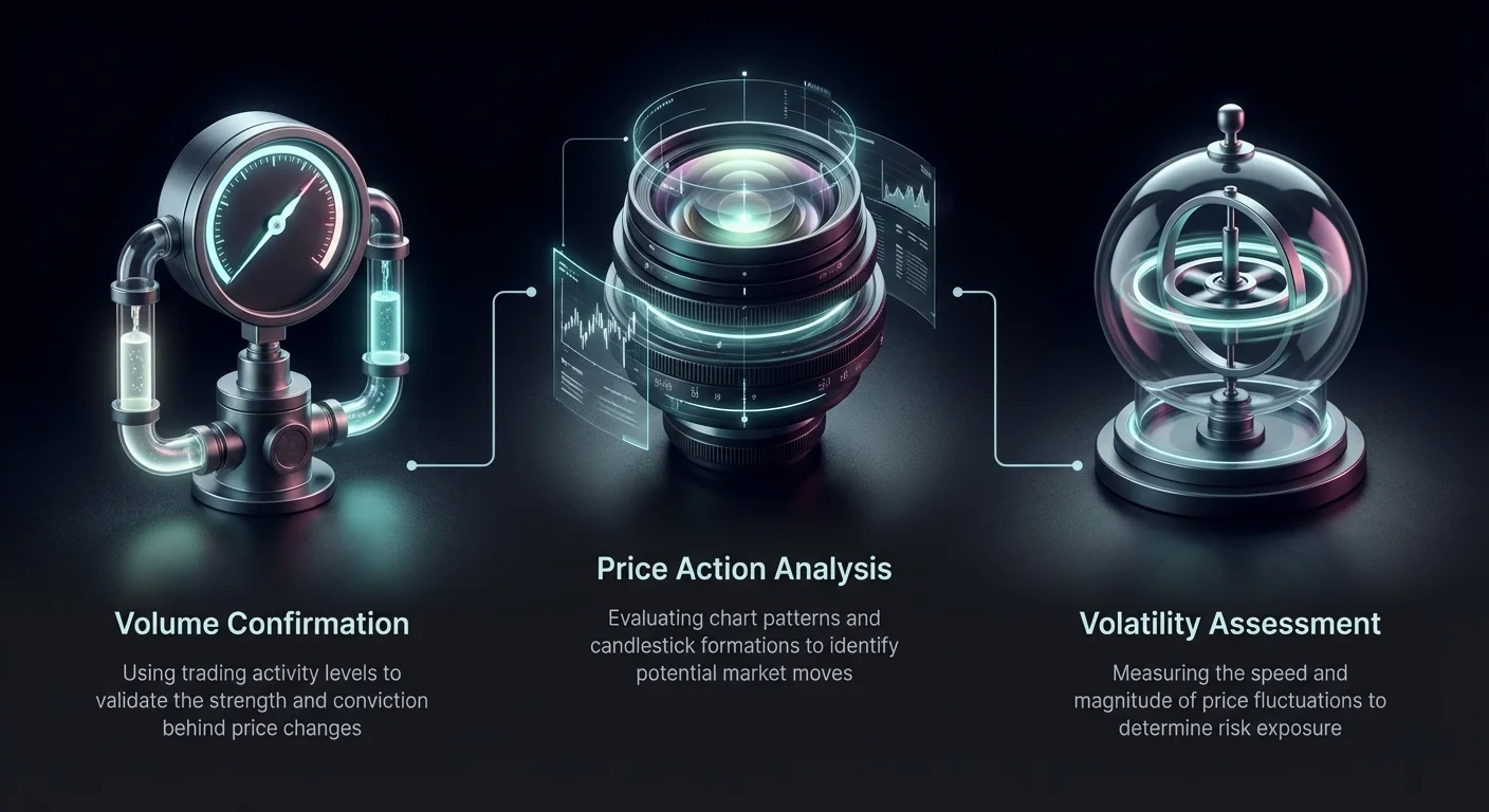 Photorealistic infographic of three interconnected instruments: central optical lens for price action, balanced by heavy volume gauge and stabilizing volatility gyroscope.