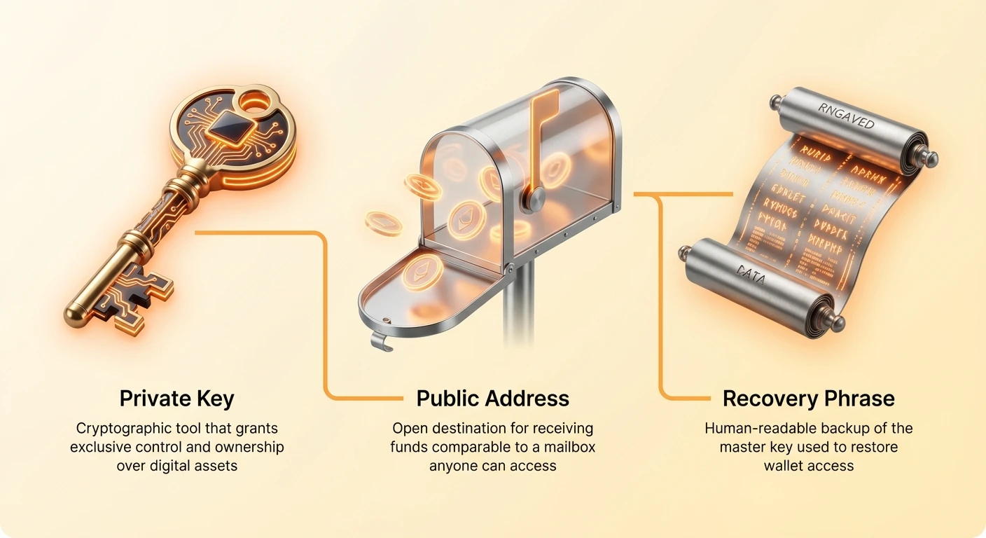 Infographic showing basic building blocks of crypto ownership: private key, public address, and recovery phrase for secure digital assets.