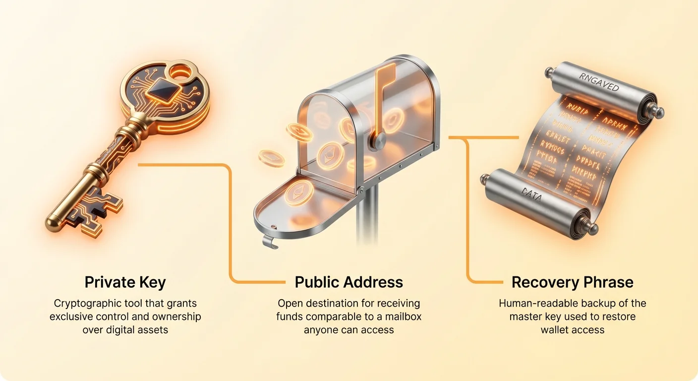 Infographic showing basic building blocks of crypto ownership: private key, public address, and recovery phrase for secure digital assets.