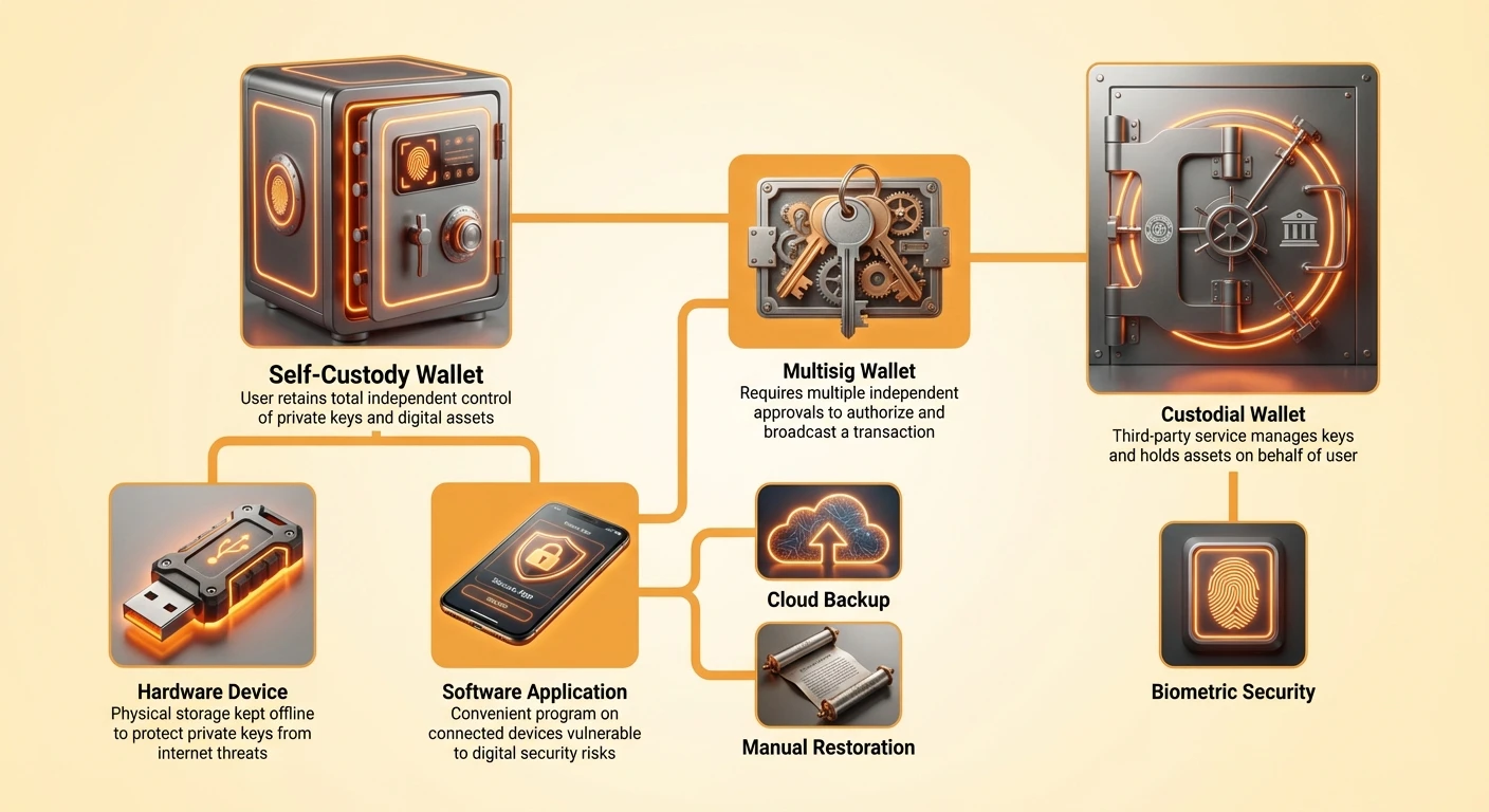 Detailed infographic diagram comparing self-custody and custodial wallet archetypes, illustrating forms, security measures, and key differences in digital asset protection.