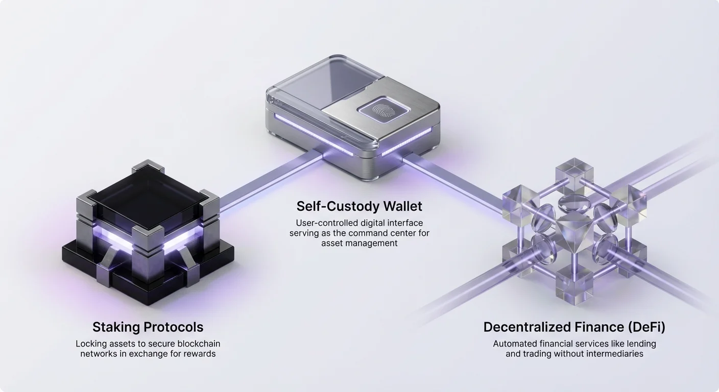 Three-node diagram showing transition from self-custody wallet as user-controlled asset command center, to staking protocols locking assets for blockchain security rewards, and DeFi offering automated lending and trading without intermediaries.