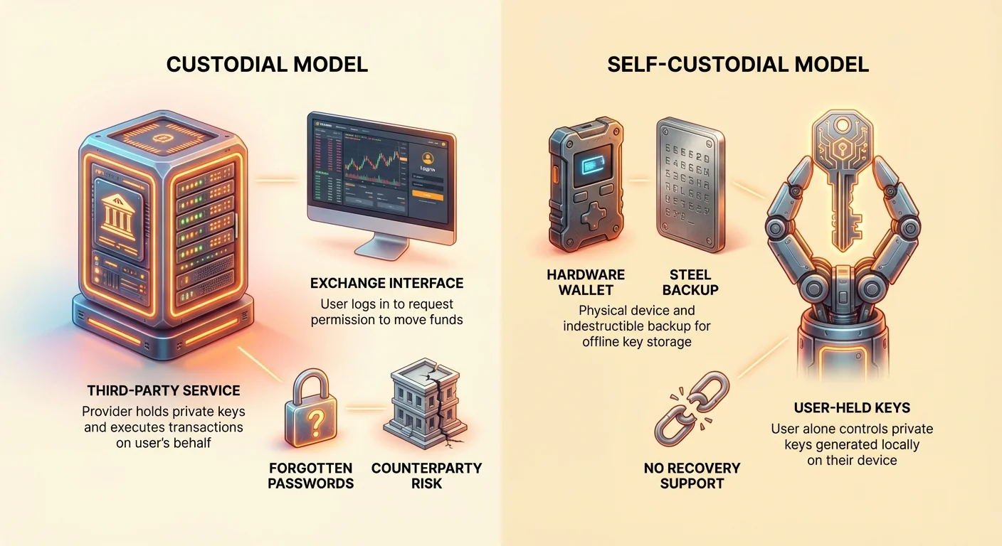 Detailed infographic contrasting custodial and self-custodial wallet models in a split layout, using hierarchical icons to show key differences, benefits, and risks.
