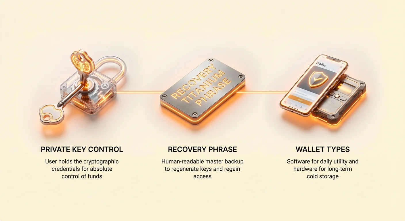 Minimal infographic overview of wallet security featuring private key control, recovery phrase, and wallet types with three connected icons on pale cream background with orange accents.