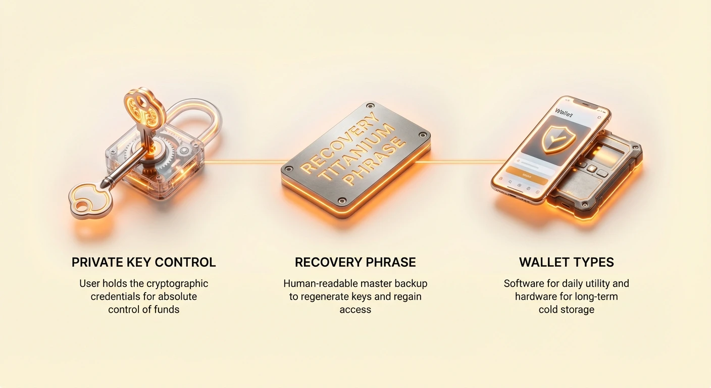 Minimal infographic overview of wallet security featuring private key control, recovery phrase, and wallet types with three connected icons on pale cream background with orange accents.