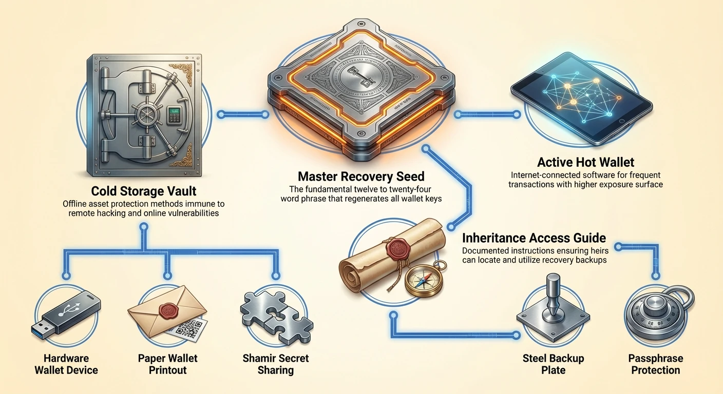 Infographic showing tiered crypto wallet recovery: Master Seed branches to Cold Storage Vault (Hardware, Paper Wallets), Active Hot Wallet, with Shamir Sharing, Steel Backups, Inheritance Planning.