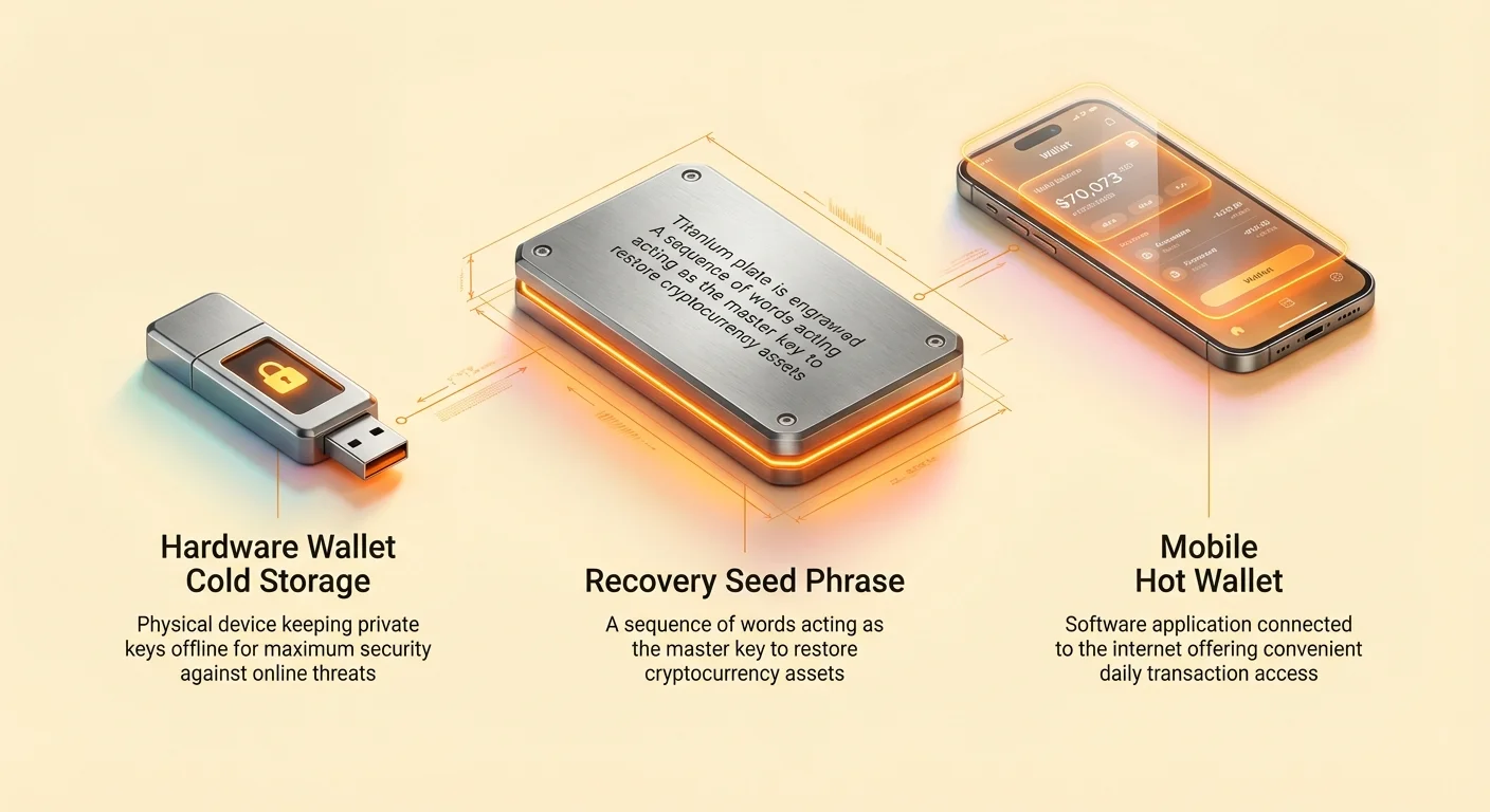 Diagram with central Recovery Seed Phrase node connected to Hardware Wallet Cold Storage and Mobile Hot Wallet, showing crypto recovery essentials.