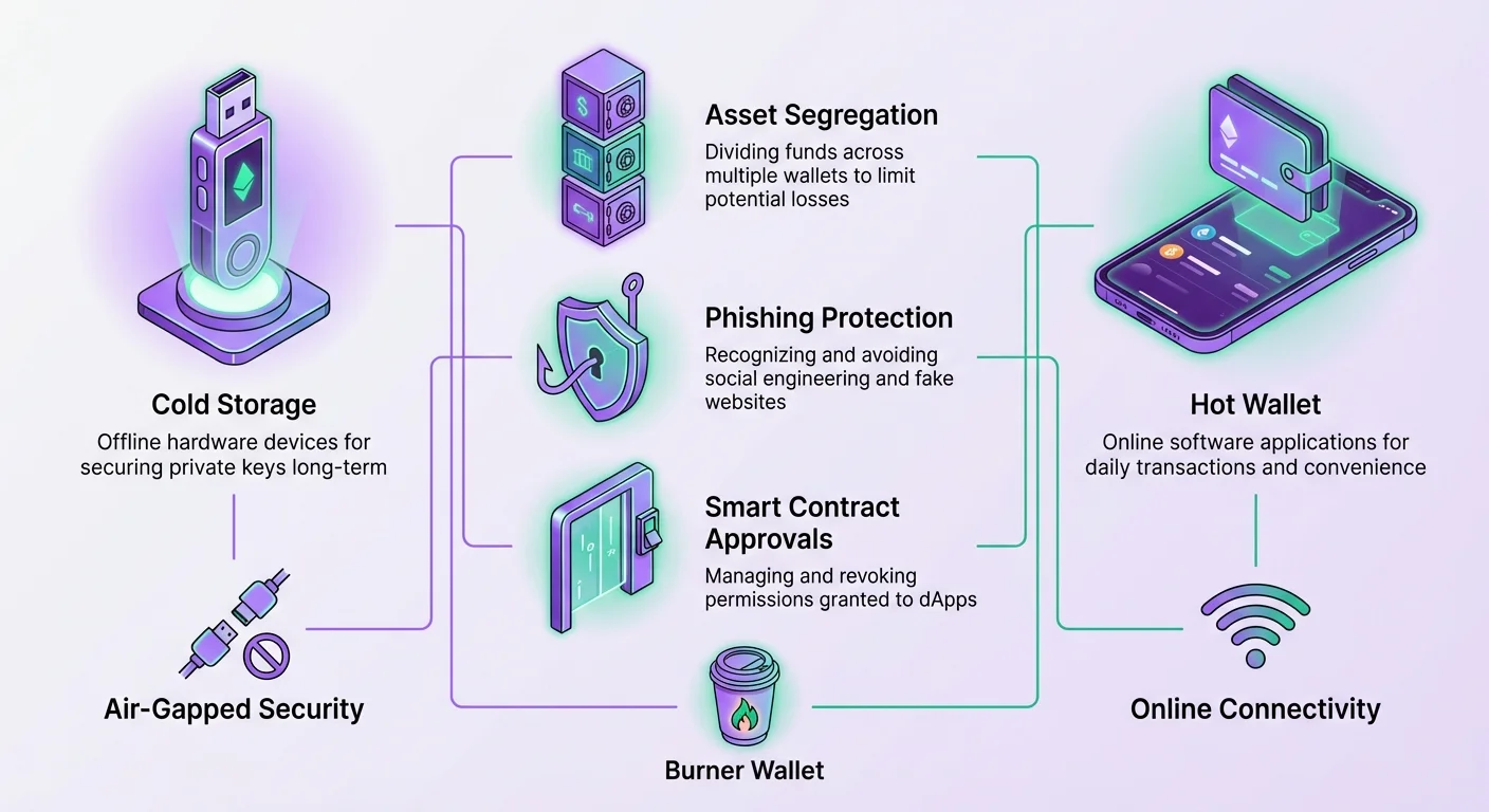 Infographic comparing cold storage and hot wallets, plus best practices for asset segregation, phishing protection, smart contract approvals, air-gapped security, online connectivity, and burner wallets.