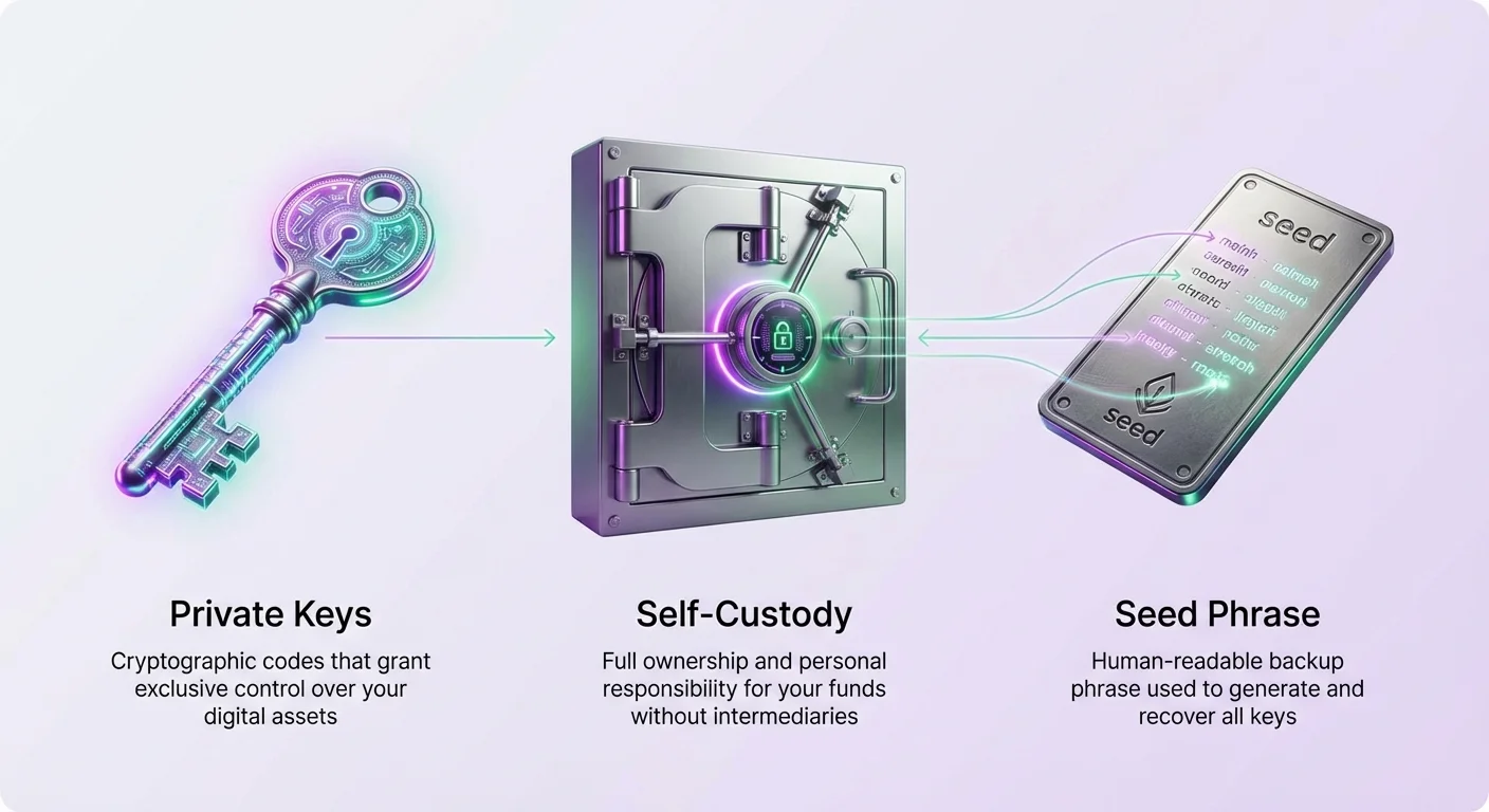 Infographic overview of private keys as cryptographic codes controlling digital assets, seed phrases as backups for recovering keys, and self-custody as personal responsibility for funds.