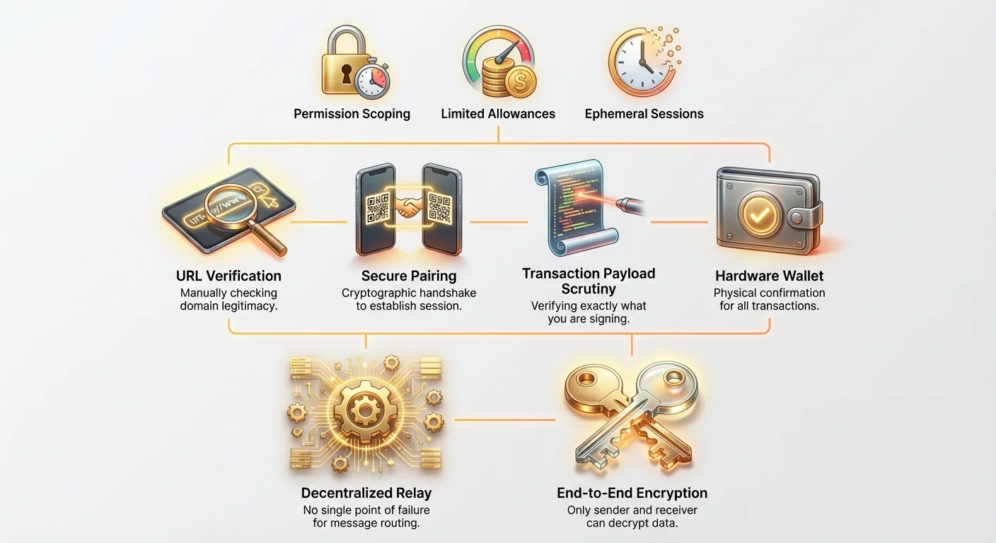 Layered infographic depicting WalletConnect V2 defense-in-depth: decentralized relay, end-to-end encryption, URL verification, secure pairing, transaction scrutiny, hardware wallet, permission scoping, limited allowances, ephemeral sessions.