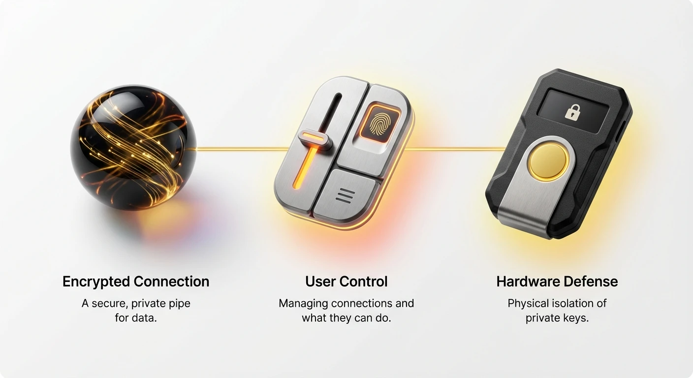 Infographic overview of WalletConnect security pillars: encrypted connection, user control over sessions and permissions, hardware wallet defense.