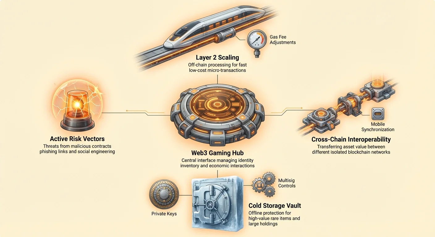 Infographic showing Web3 gaming wallet as central hub linked to Layer 2 scaling, cross-chain interoperability, cold storage, risk vectors, private keys, gas fees, and multisig controls.