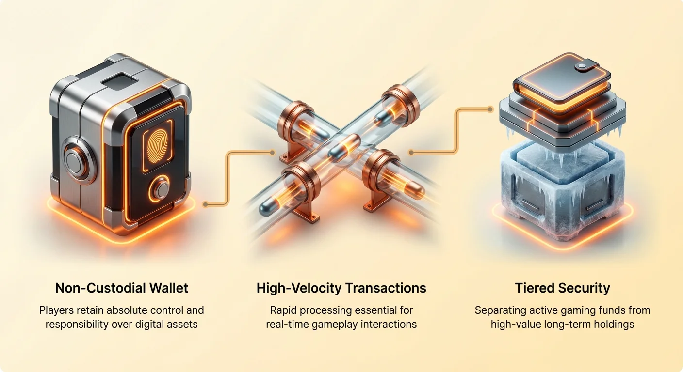 Infographic summarizing three pillars of Web3 gaming wallets: non-custodial ownership for player control, high-velocity transactions for gameplay, and tiered security for asset protection.