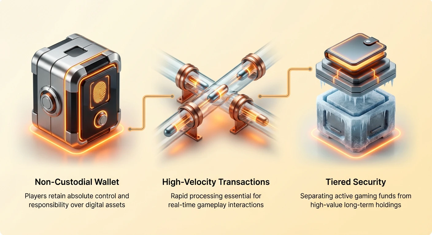 Infographic summarizing three pillars of Web3 gaming wallets: non-custodial ownership for player control, high-velocity transactions for gameplay, and tiered security for asset protection.