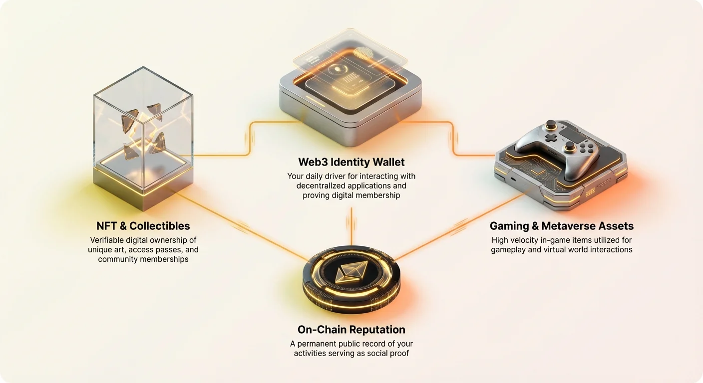 Infographic illustrating Web3 Identity Wallet as central hub connecting identity, ownership, gaming activity, and reputation for non-financial digital interactions.