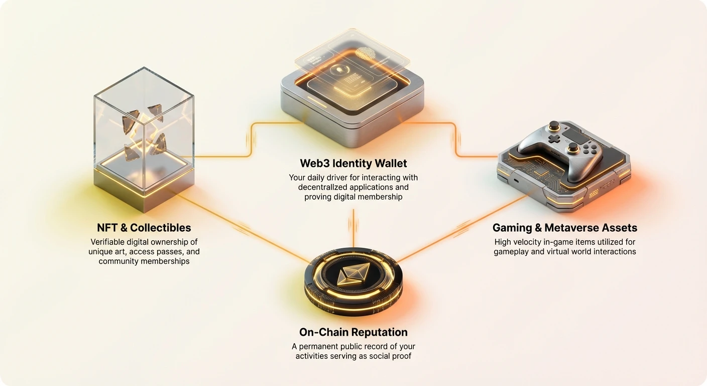Infographic illustrating Web3 Identity Wallet as central hub connecting identity, ownership, gaming activity, and reputation for non-financial digital interactions.