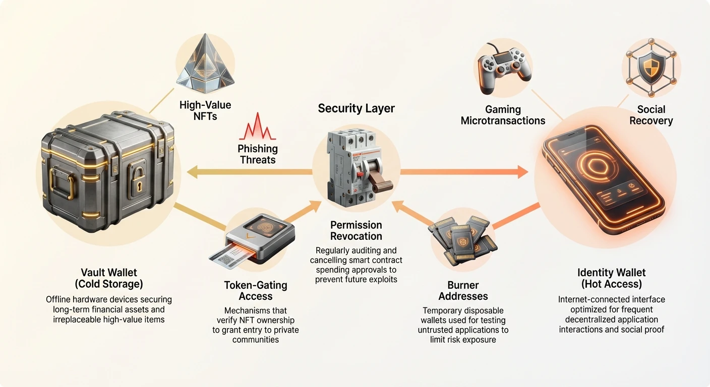 Infographic diagram illustrating hot/cold wallet segregation: Vault Wallet for high-value assets on left, Identity Wallet for daily interactions on right, protected by central Security Layer best practices.