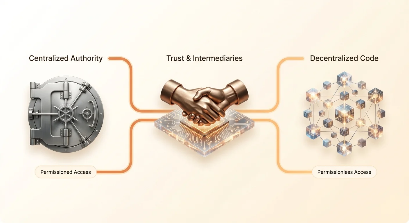 Simple overview infographic contrasting Traditional Finance's centralized authority, trust via intermediaries, and permissioned access with Web3's decentralized code and permissionless access.