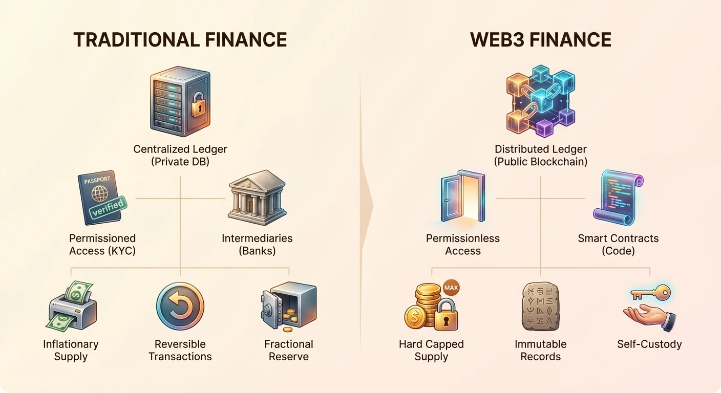 Detailed side-by-side infographic comparing Traditional Finance (centralized ledger, permissioned access, banks, inflationary supply, reversible transactions) and Web3 Finance (distributed ledger, permissionless access, smart contracts, capped supply, self-custody).