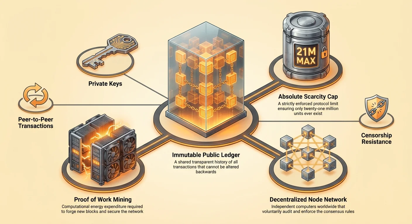 Detailed hub-and-spoke infographic centered on Bitcoin's immutable public ledger and absolute scarcity cap, with spokes to proof of work mining, decentralized node network, private keys, censorship resistance, and peer-to-peer transactions.