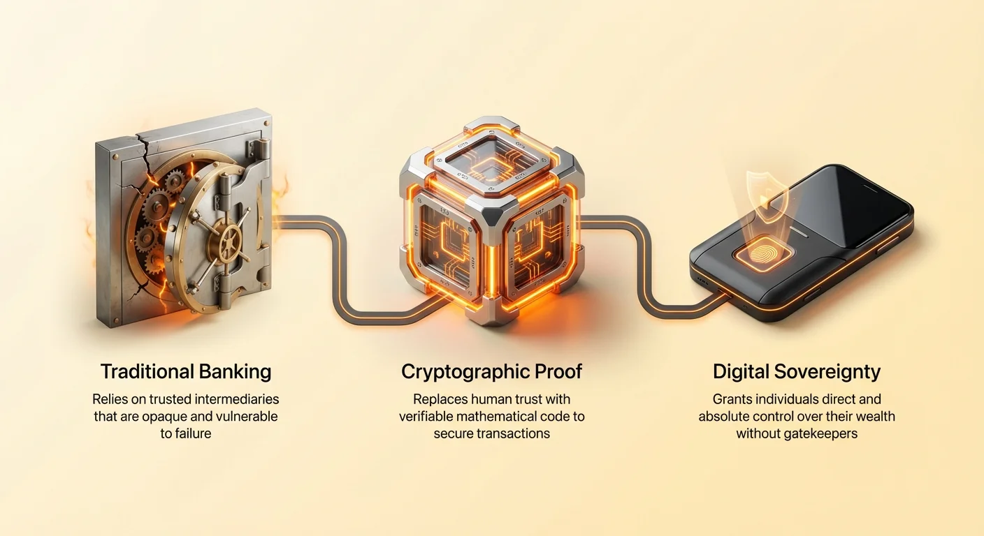 Infographic illustrating transition from broken traditional banking with trusted intermediaries to cryptographic proof via math, leading to digital sovereignty and self-control of wealth.