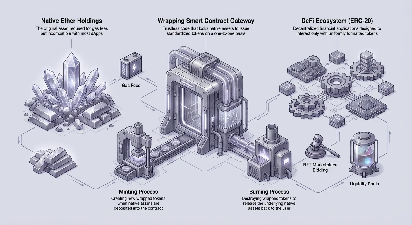 Infographic depicting central wrapping smart contract gateway: native ether holdings and minting flow in from left with gas fees; DeFi ecosystem, burning, NFT bidding, and liquidity pools on right.