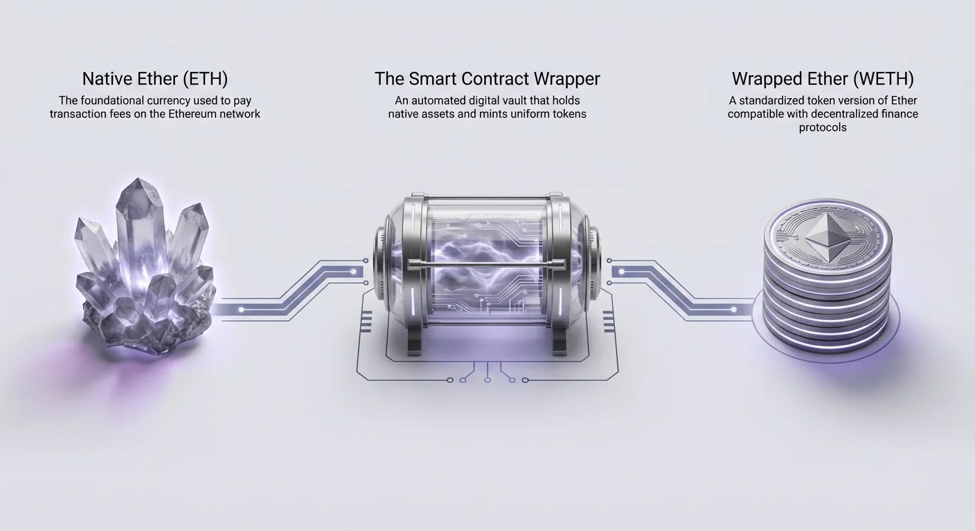 Infographic showing left-to-right flow from Native Ether (ETH) entering a Smart Contract Wrapper to output Wrapped Ether (WETH) for DeFi compatibility.