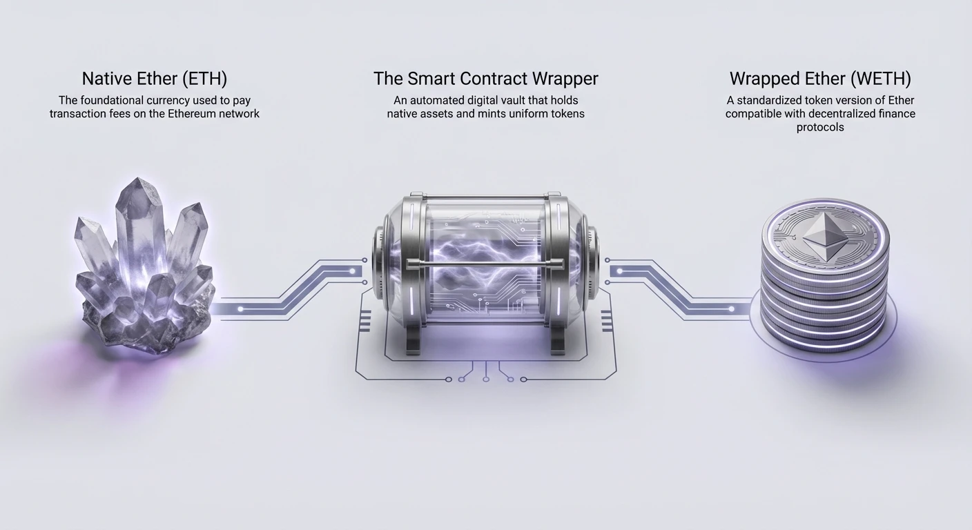 Infographic showing left-to-right flow from Native Ether (ETH) entering a Smart Contract Wrapper to output Wrapped Ether (WETH) for DeFi compatibility.