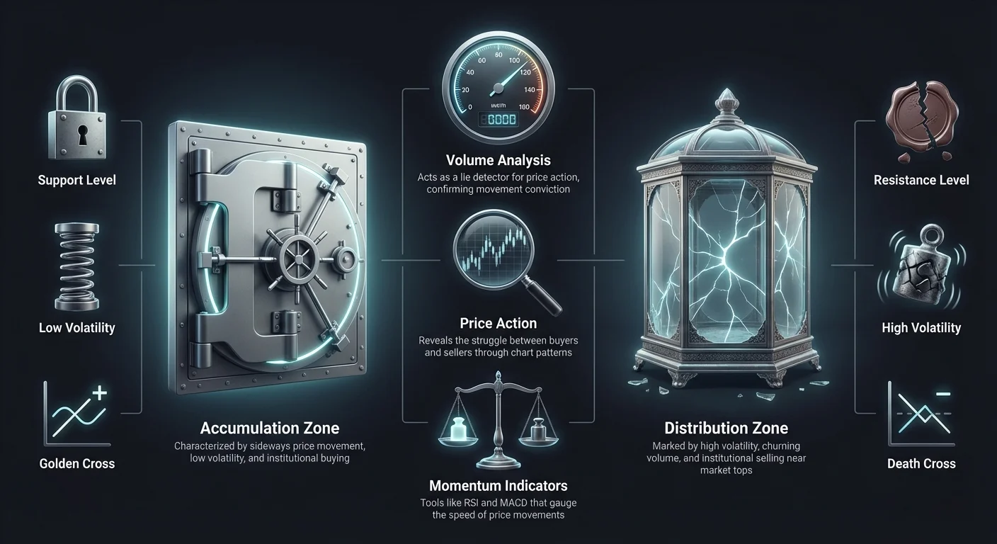 Detailed side-by-side infographic comparing Wyckoff accumulation and distribution phases in crypto markets, with volume analysis, price action, and momentum indicators.