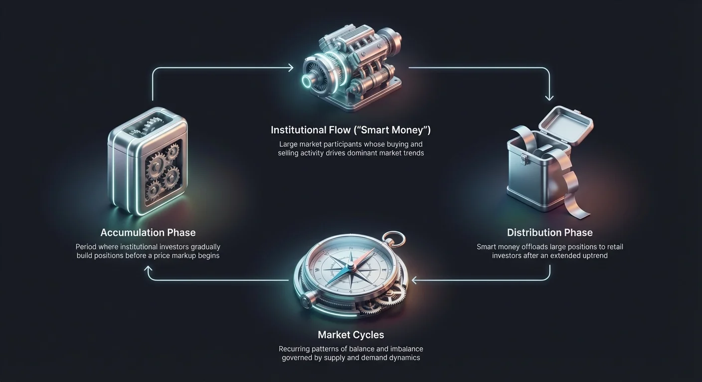 Simple infographic depicting cryptocurrency market cycles via Wyckoff methodology as a continuous loop from accumulation to distribution phases, driven by institutional flow.