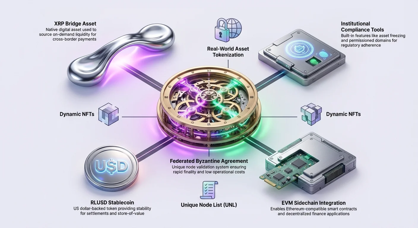 Hub-and-spoke infographic of XRPL ecosystem: center Federated Byzantine Agreement powers XRP Bridge Asset, compliance tools, RLUSD stablecoin, EVM sidechain, asset tokenization, dynamic NFTs, and UNL.