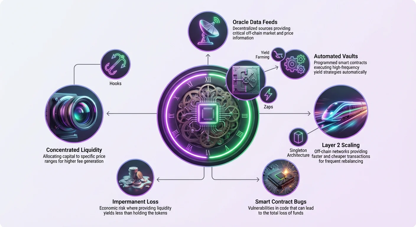 Detailed infographic with central automated yield vaults hub branching to concentrated liquidity, Layer 2 scaling, oracle feeds, impermanent loss, smart contract bugs, yield farming, zaps, hooks, and singleton architecture.